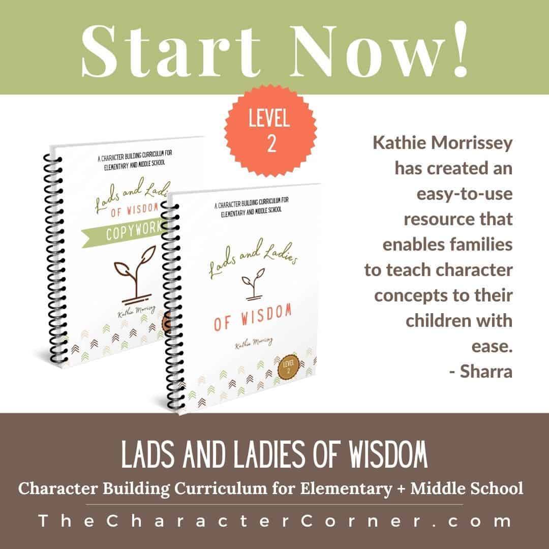 Photo shows two books from the Character Curriculum by the Character Corner. Lads and ladies of Wisdom homeschool Biblical character curriculum